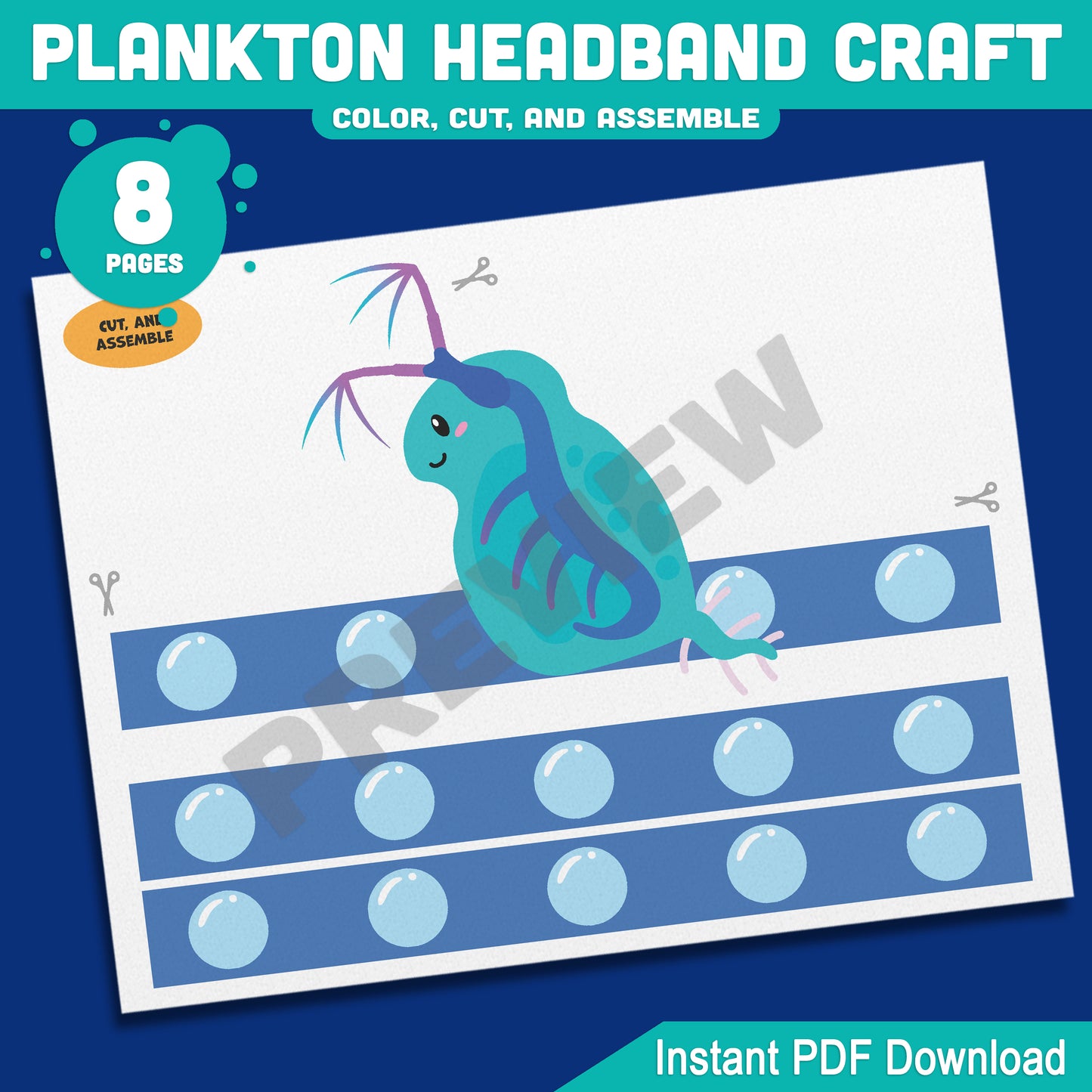 Plankton Headband Craft Under the Sea Paper Hat Activity, Pre-color + Black and White