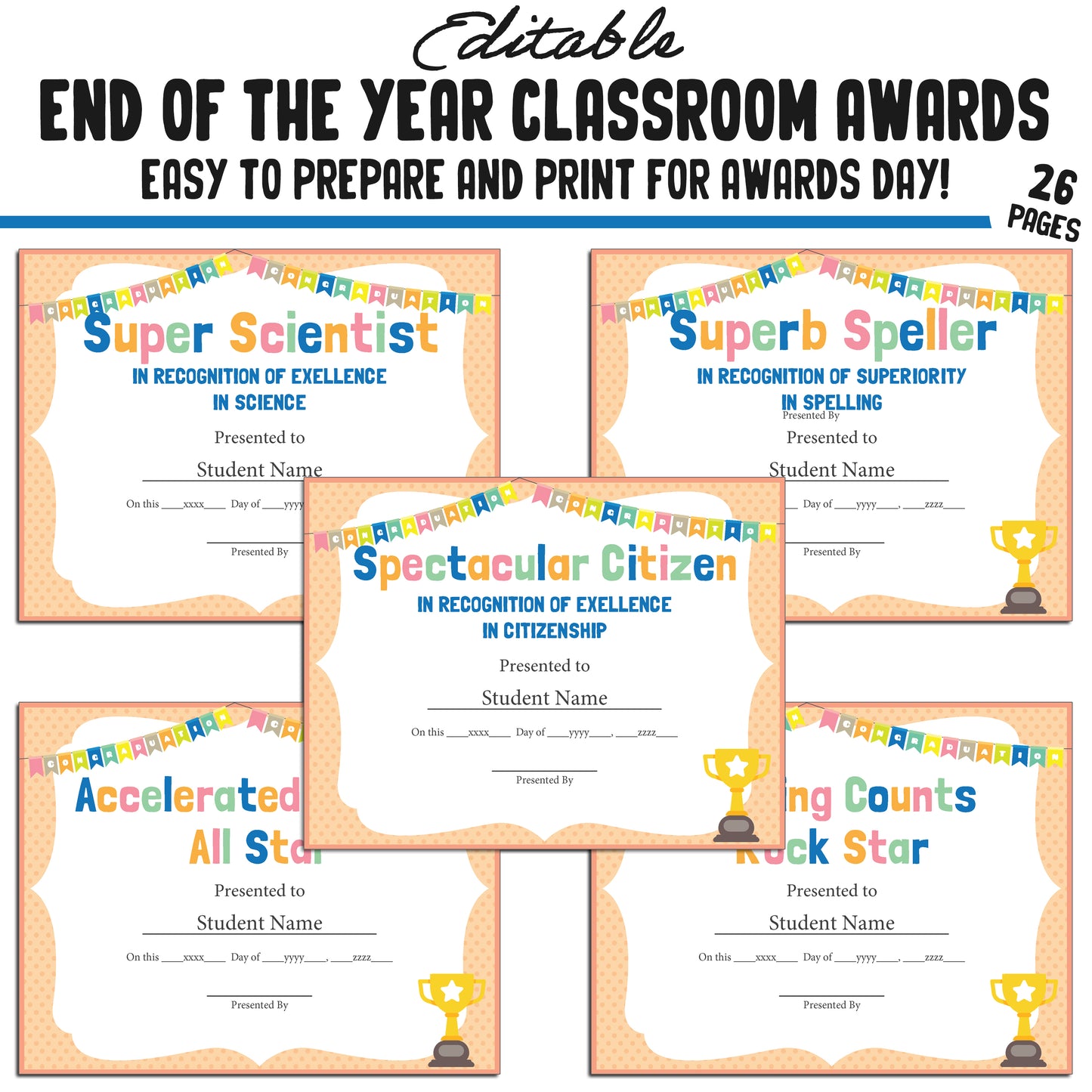 Printable & Editable End of Year Awards Certificates, 26 Pages, PDF, Instant Download – Perfect for Classroom and Student Achievements