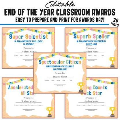 Printable & Editable End of Year Awards Certificates, 26 Pages, PDF, Instant Download – Perfect for Classroom and Student Achievements