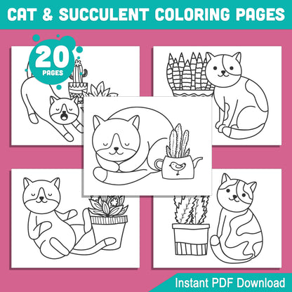 20 Cat and Succulent Coloring Pages for Kids & Adults – Fun, Relaxing, and Creative Activity, Printable PDF Instant Download