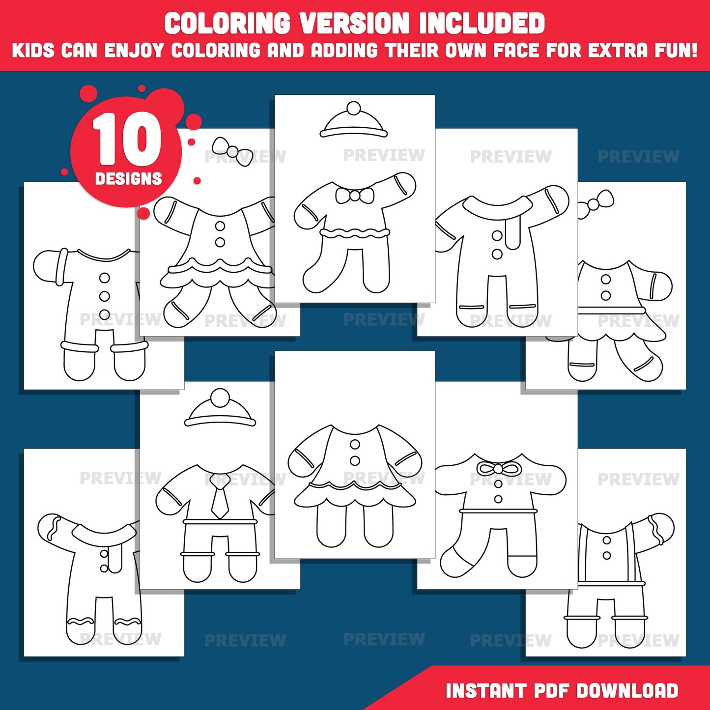 Add Your Face Gingerbread Man Craft, Christmas Add-Your-Face Templates, Winter Body Designs with Coloring Version Included, 10 High-Res PDF + PNG Files