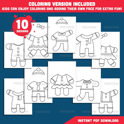 Add Your Face Gingerbread Man Craft, Christmas Add-Your-Face Templates, Winter Body Designs with Coloring Version Included, 10 High-Res PDF + PNG Files