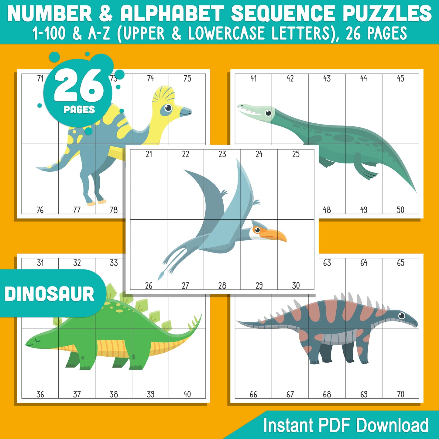 Dinosaur Number and Alphabet Stripe Puzzles: 1-100 Counting and A-Z Sequencing for Toddlers, Preschool, and Kindergarten, Printable PDF for Math Centers