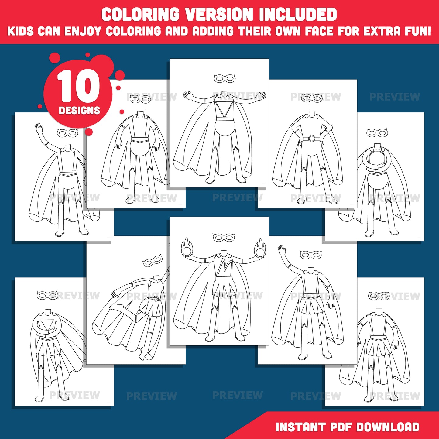 Male & Female Superhero Templates – Design Your Own Hero, Add Your Face Craft, 10 Unique Designs Light + Dark Skin Tone, Coloring Version Included, PDF + PNG