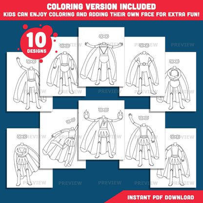 Male & Female Superhero Templates – Design Your Own Hero, Add Your Face Craft, 10 Unique Designs Light + Dark Skin Tone, Coloring Version Included, PDF + PNG
