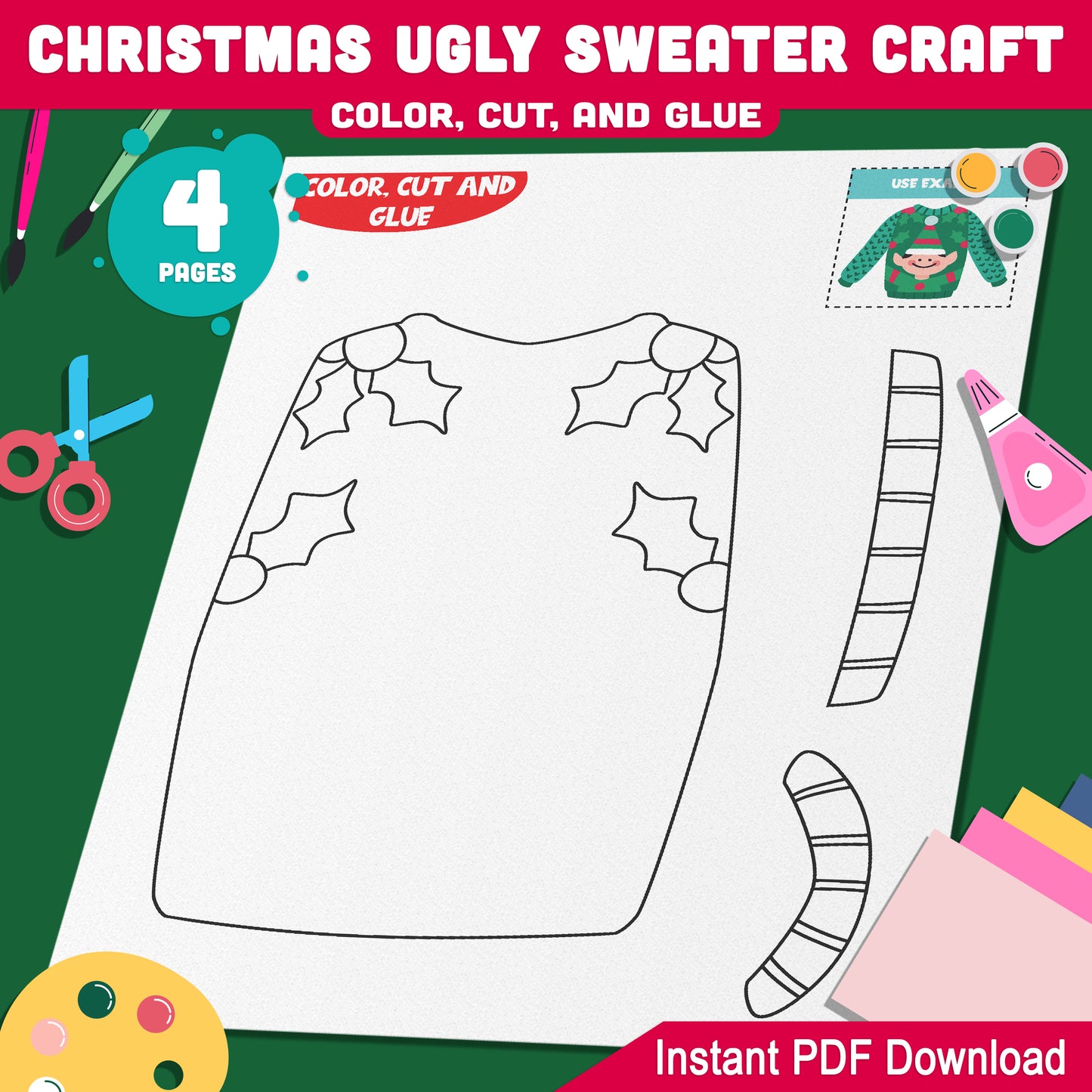 Holiday Ugly Sweater Craft for Kids: Creative Christmas Template for PreK to 2nd Grade, Fun Color, Cut, and Glue PDF Activity, Instant Download