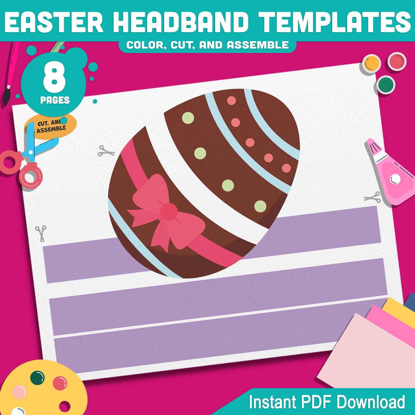 Easter Headband Templates for Kids – Bunny, Chick, Easter Egg & Lamb Wearable Crown Craft, Pre-color + Black & White PDF