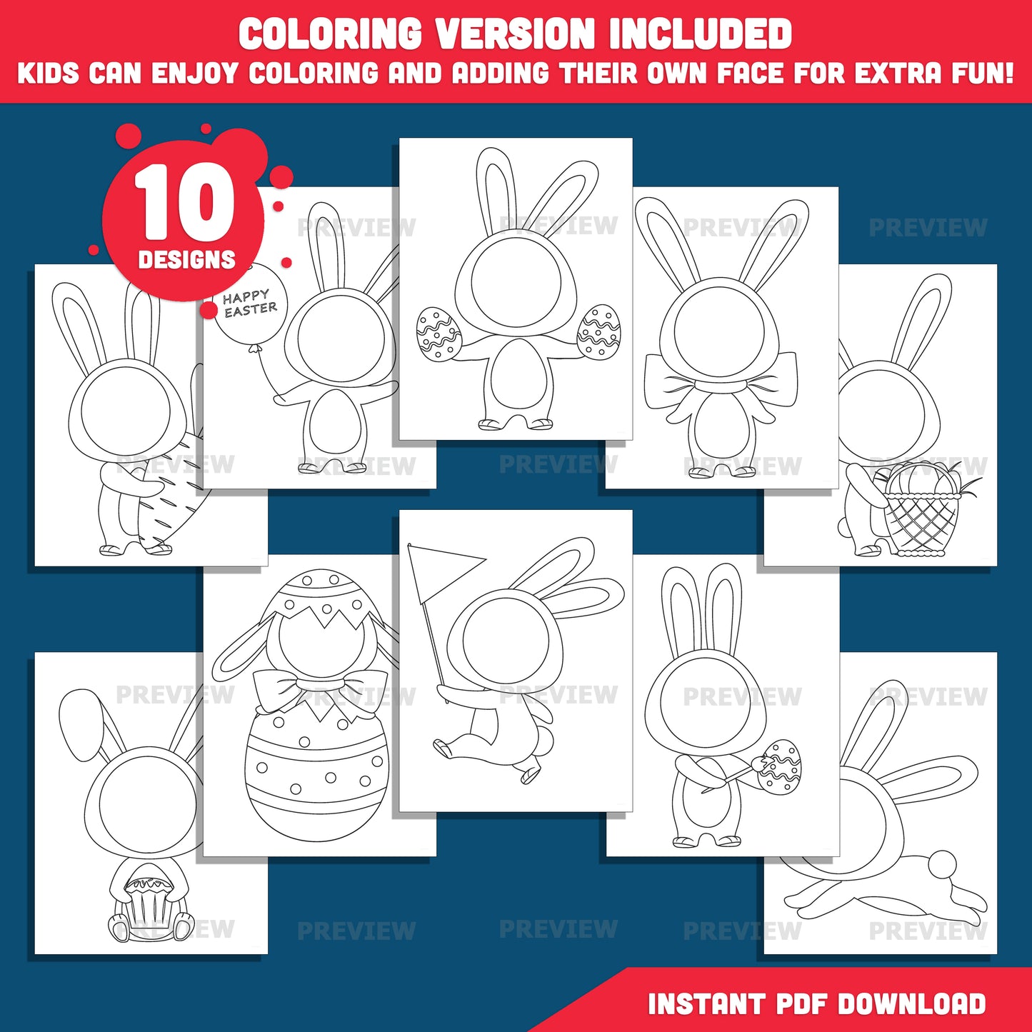 Easter Bunny Body Templates – Spring Add Your Own Face Craft for Kids, Coloring Version Included, 300 DPI PDF + PNG Files