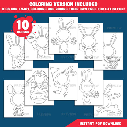 Easter Bunny Body Templates – Spring Add Your Own Face Craft for Kids, Coloring Version Included, 300 DPI PDF + PNG Files
