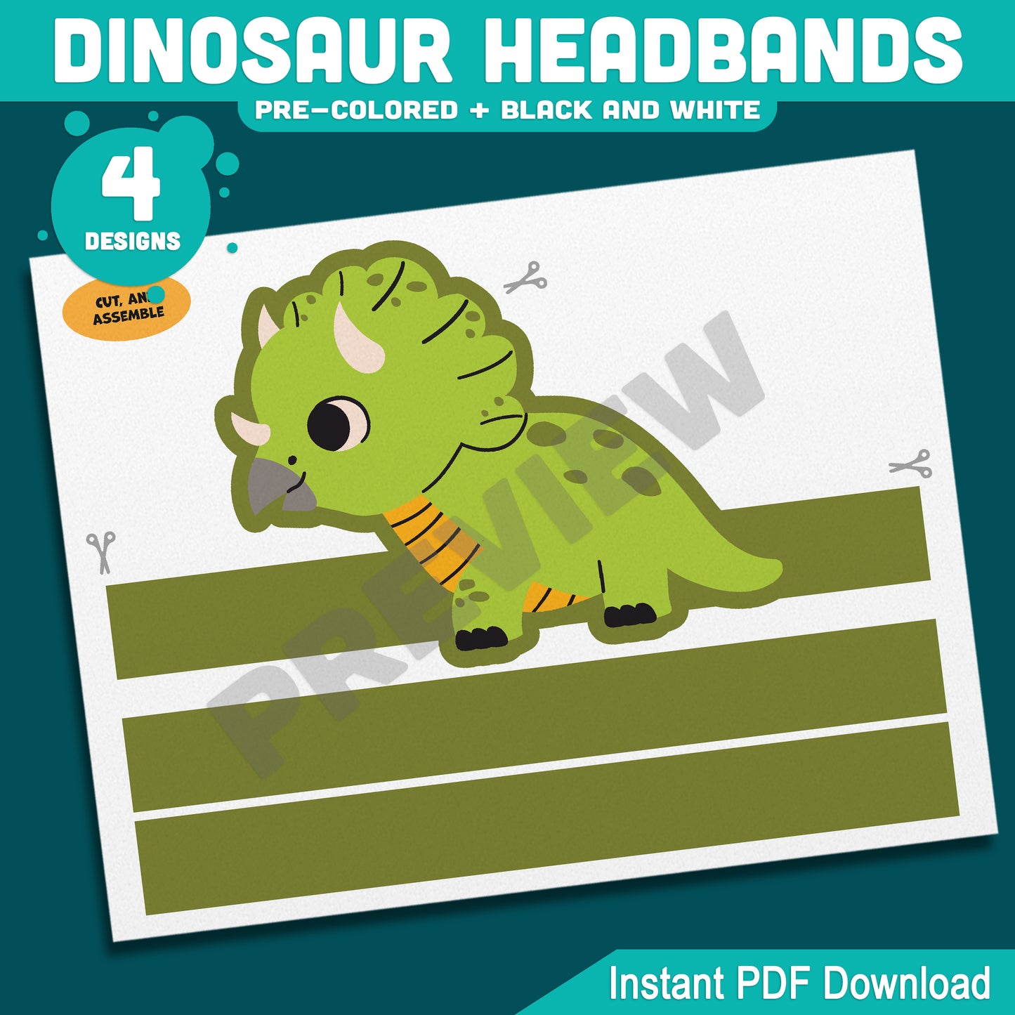 Printable Dinosaur Headbands, Paper Crowns, Color Your Own Hats, Dinosaur Craft Activity, Pre-Colored, Black & White, US Letter, A4