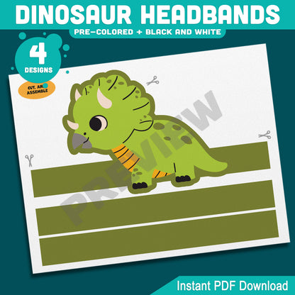 Printable Dinosaur Headbands, Paper Crowns, Color Your Own Hats, Dinosaur Craft Activity, Pre-Colored, Black & White, US Letter, A4