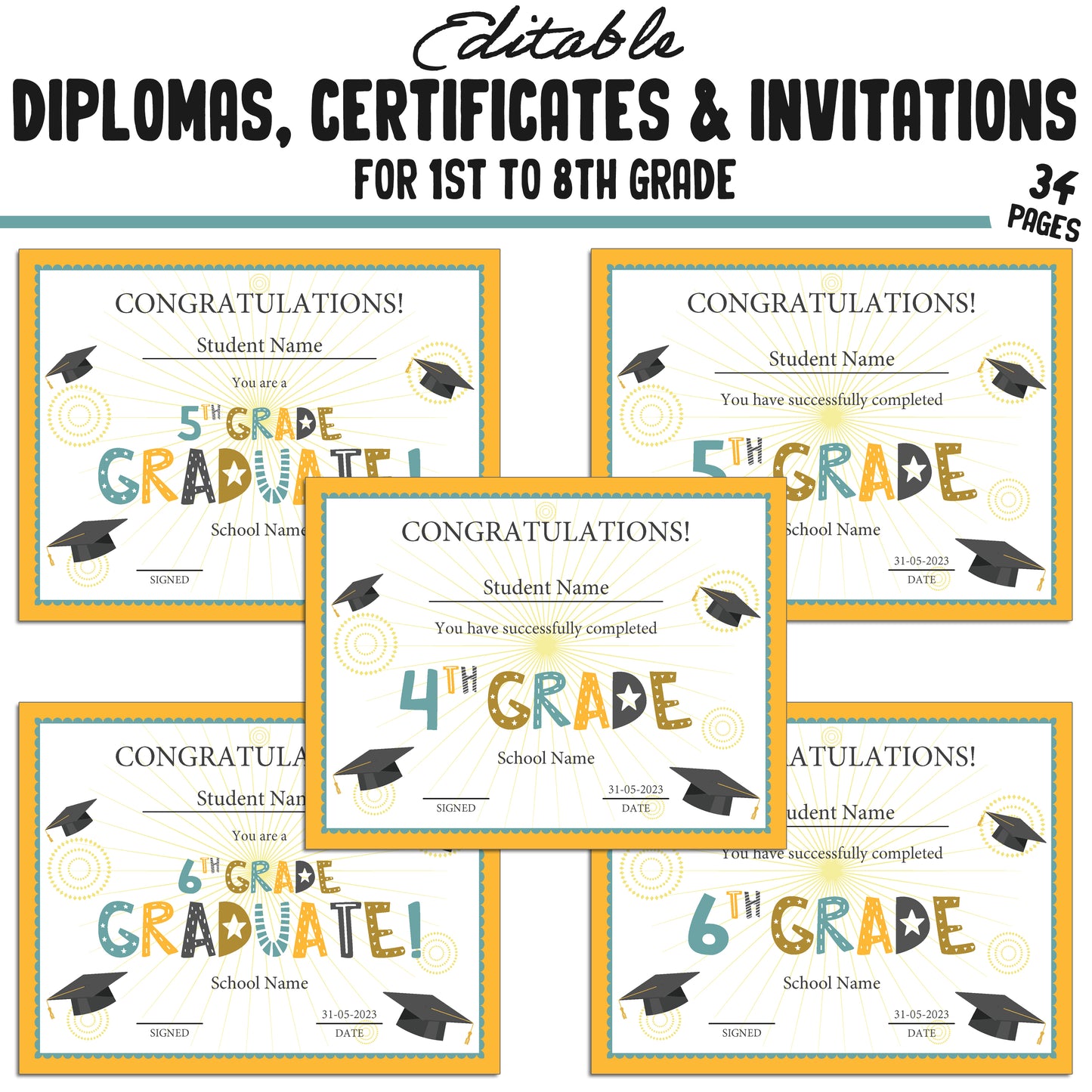 34 Editable First Grade Diplomas, 1st-8th Grade Certificates, Diplomas & Invitation Templates, Golden and Green-Themed, PDF