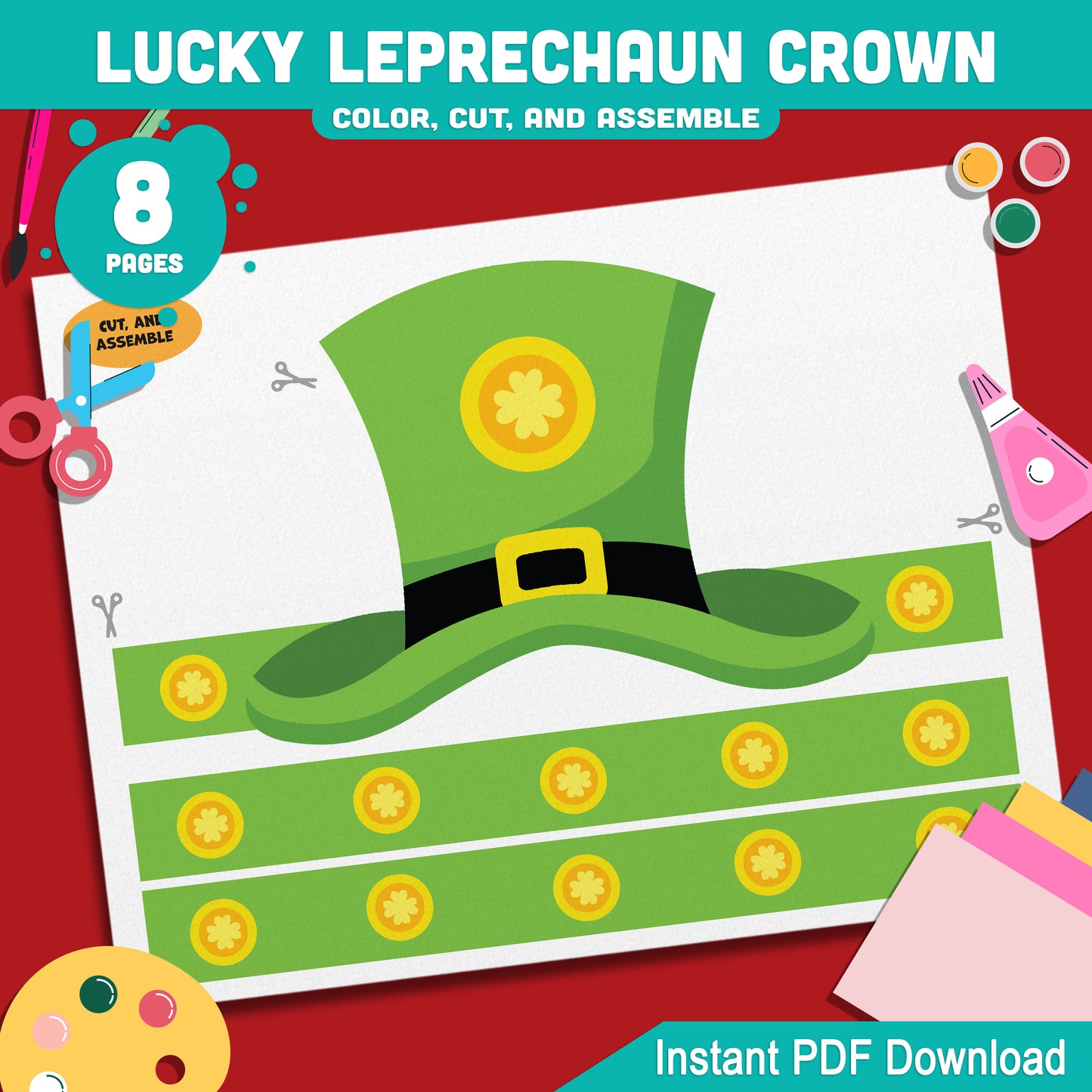Lucky Leprechaun Crown – St. Patrick’s Day Printable Headband Craft for Kids, Shamrock Wearable Paper Hat Project, Pre-color + Black & White, Color Cut Wear PDF