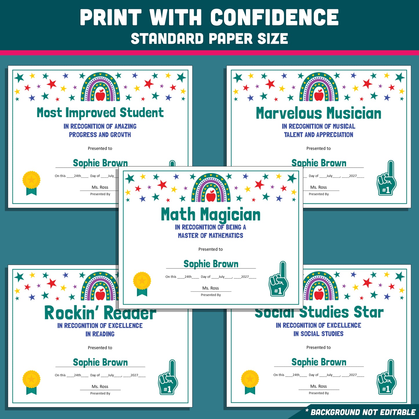 Editable End-of-Year Superlative Awards, Personalized Classroom Honors, Rainbow and Star Themed Certificates, PowerPoint