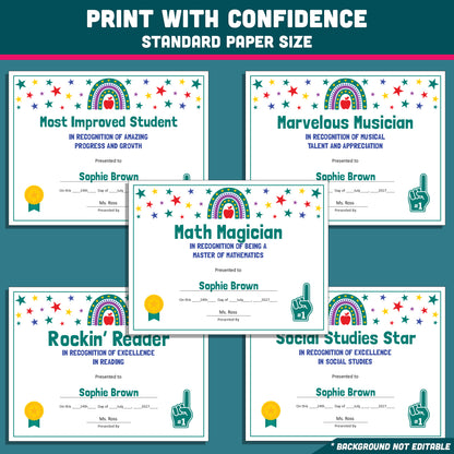 Editable End-of-Year Superlative Awards, Personalized Classroom Honors, Rainbow and Star Themed Certificates, PowerPoint