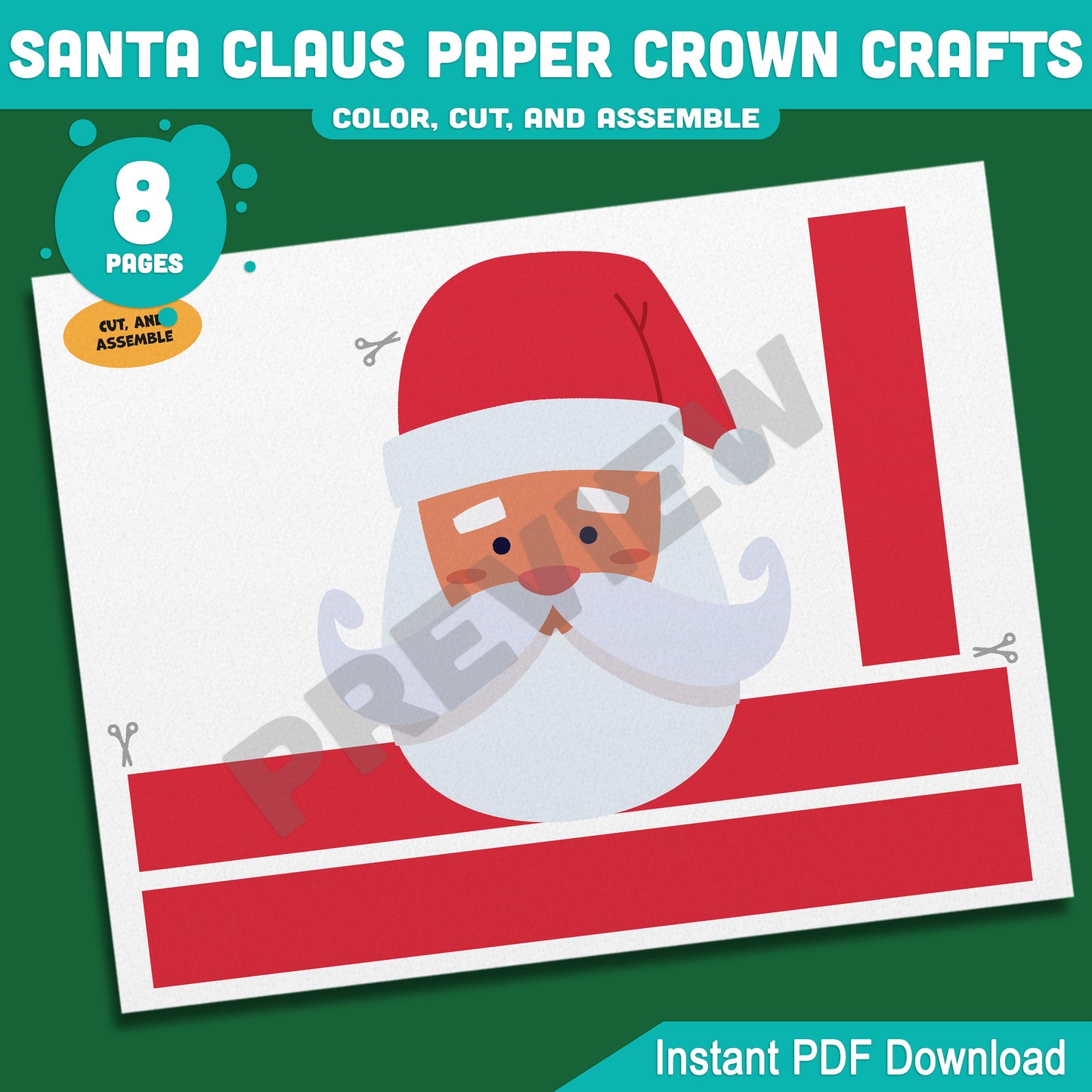 Printable Santa Claus Paper Crown Crafts, Christmas Coloring Headband and Hat Activity, Cut, Color & Wear, Perfect for Winter Party Fun, 4 Designs, Pre-color + Black & White, Instant PDF Download
