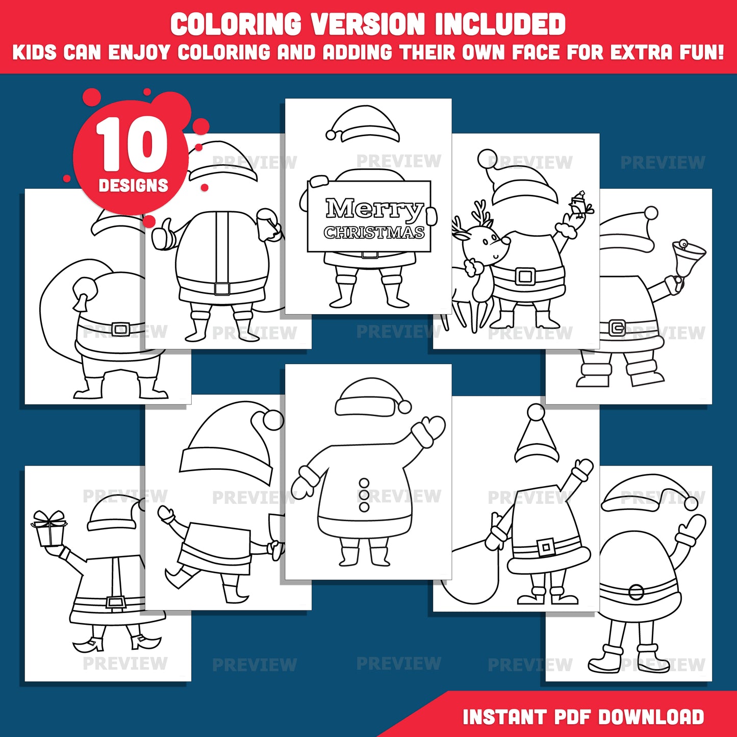 DIY Santa Face Templates – Add Your Own Face Crafts, 10 Designs, Coloring Version Included, High-resolution PDF + PNG Files for Classroom Projects, Home Crafts, and Winter Fun