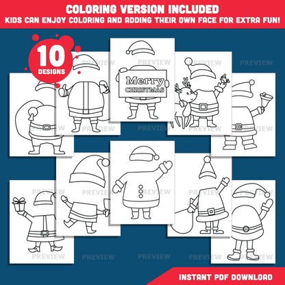 DIY Santa Face Templates – Add Your Own Face Crafts, 10 Designs, Coloring Version Included, High-resolution PDF + PNG Files for Classroom Projects, Home Crafts, and Winter Fun