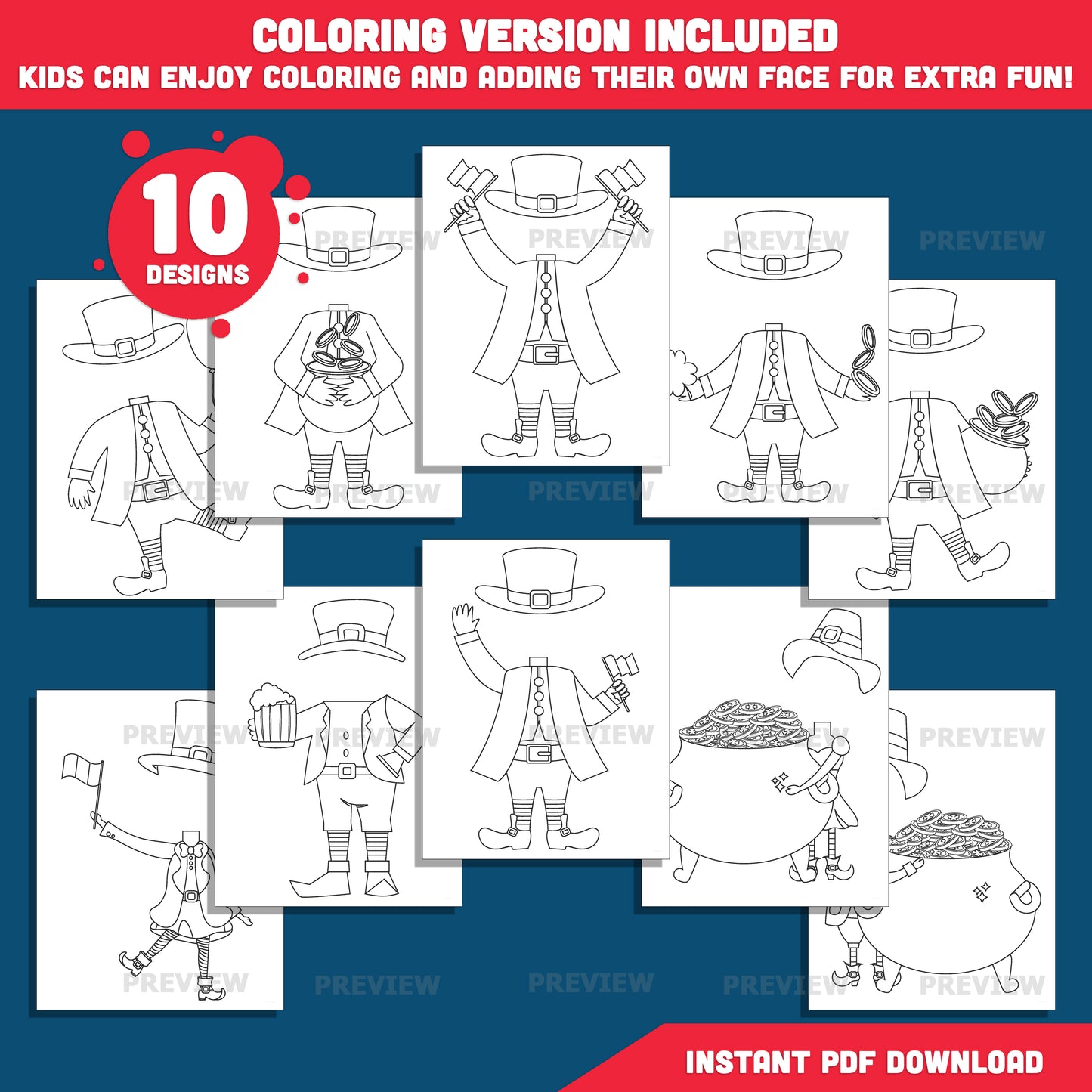 St. Patrick’s Day Body Clip Art - Leprechaun Add Your Own Face, Coloring Version Included, Fun Printable Craft for Kids