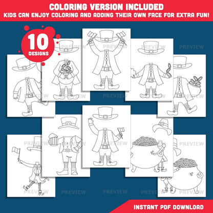 St. Patrick’s Day Body Clip Art - Leprechaun Add Your Own Face, Coloring Version Included, Fun Printable Craft for Kids