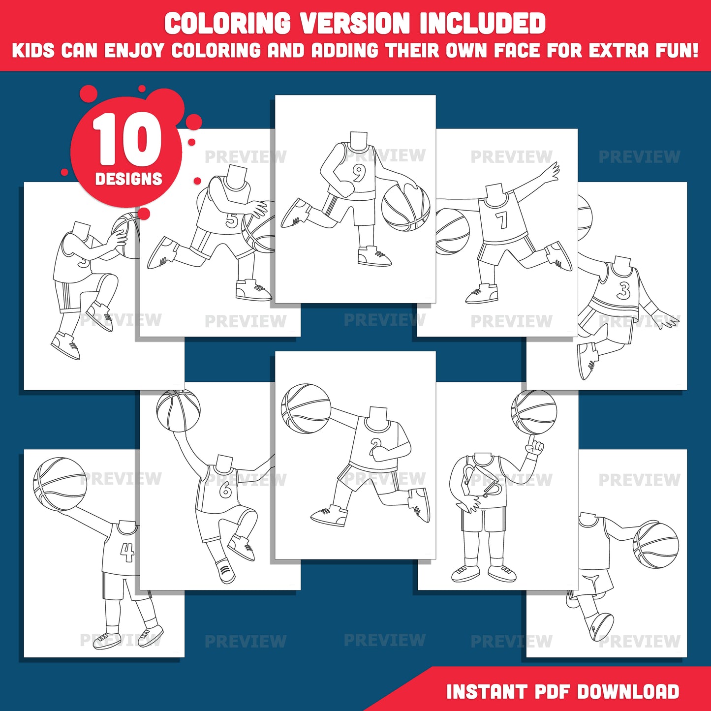 Basketball Player Body Templates, Add Your Own Face Craft Activity, Sports Photo Insert Printable, 20 Designs Light & Dark Skin Tone, Coloring Version Included