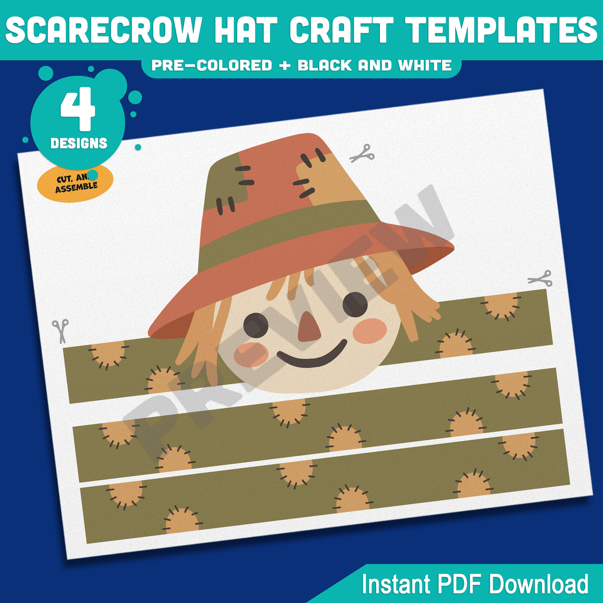 Scarecrow Hat Craft Templates, Autumn Paper Crown, Printable Headband & Hat, Pre-Colored and Black & White, Fall Craft, 4 Designs, A4, US Letter