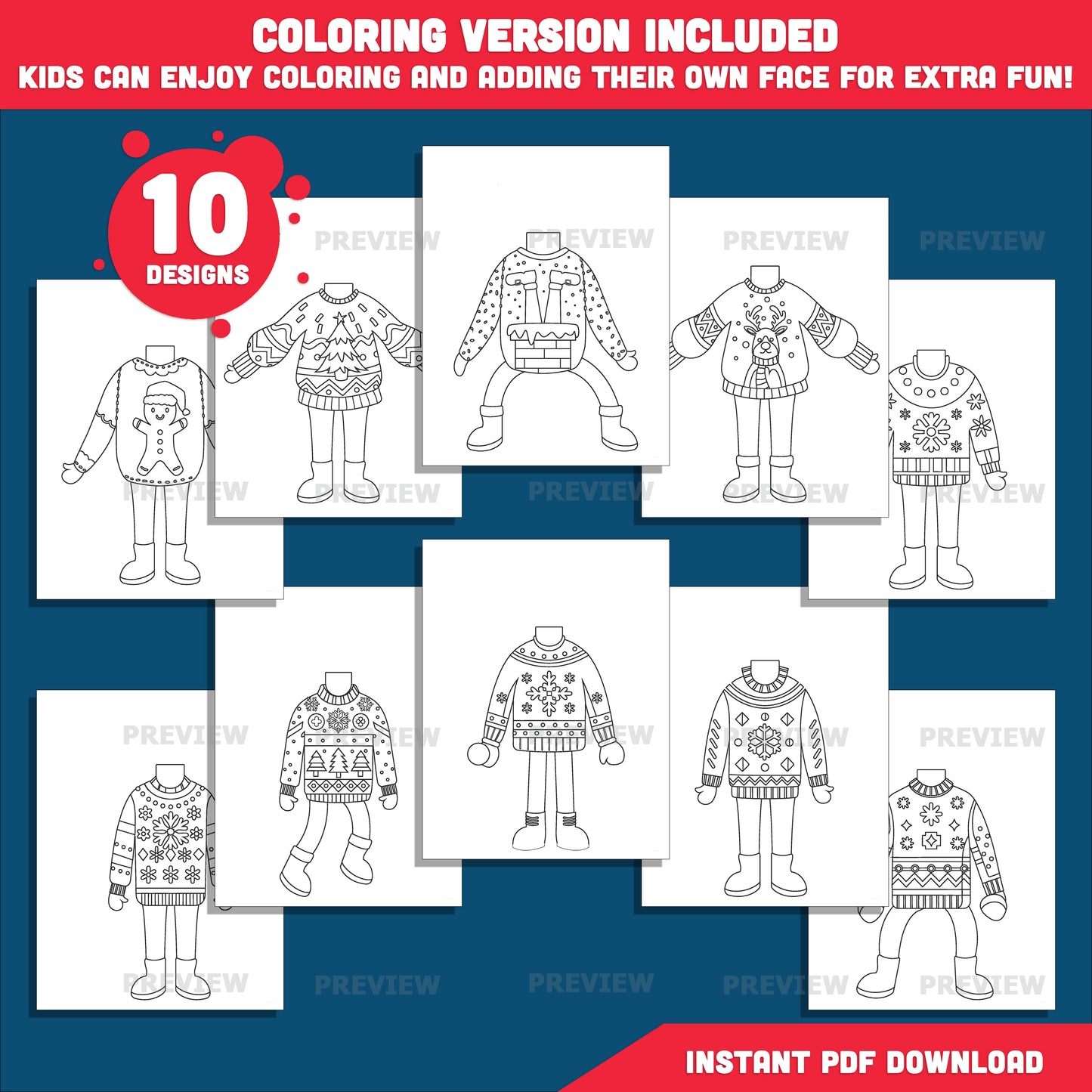 Christmas Sweater Body Templates – Ugly Sweater Add Your Face Craft for Kids, Winter Classroom Craft, Coloring Version Included