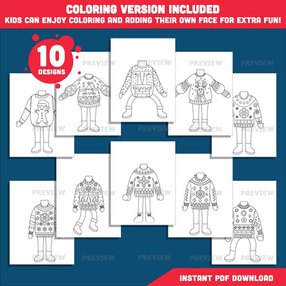 Christmas Sweater Body Templates – Ugly Sweater Add Your Face Craft for Kids, Winter Classroom Craft, Coloring Version Included