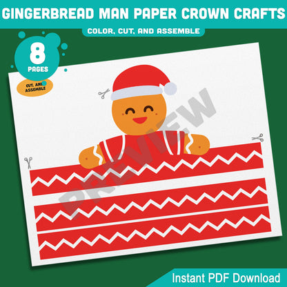 Printable Gingerbread Man Paper Crown Crafts, Christmas Hat and Headband Winter Craft, Holiday Party Paper Hat, Cut, Color & Assemble Activity, 4 Designs, Pre-color + Black & White