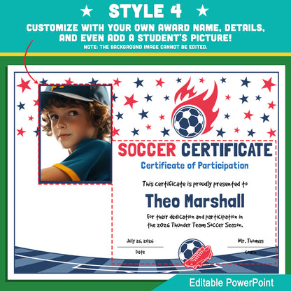 Editable Soccer Certificates | 4 Styles with Photo Options | Youth Team Awards, Player Recognition - 8.5x11 PowerPoint Instant Download