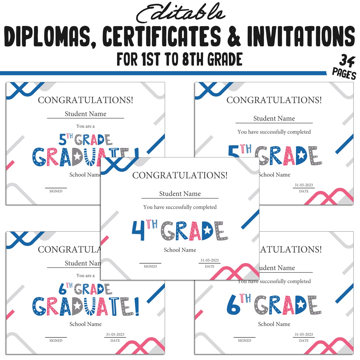 Graduation Diploma for First Graders, 1st-8th Grade Certificates, and Invitation Templates in a Modern Blue Theme, PDF Instant Download.