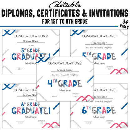 Graduation Diploma for First Graders, 1st-8th Grade Certificates, and Invitation Templates in a Modern Blue Theme, PDF Instant Download.