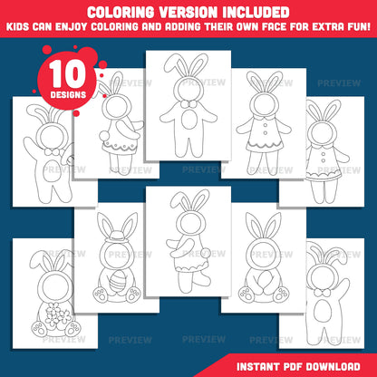 Easter Bunny Photo Insert Body Templates – Add Your Face Craft Activity, Coloring Version Included, Printable PDF + PNG, Bulletin Board Craft