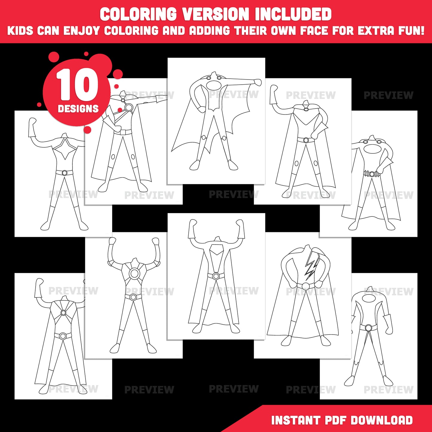 Superhero Bodies, Add Your Own Face Craft Templates, Student Display Craft, Black White Coloring Sheets