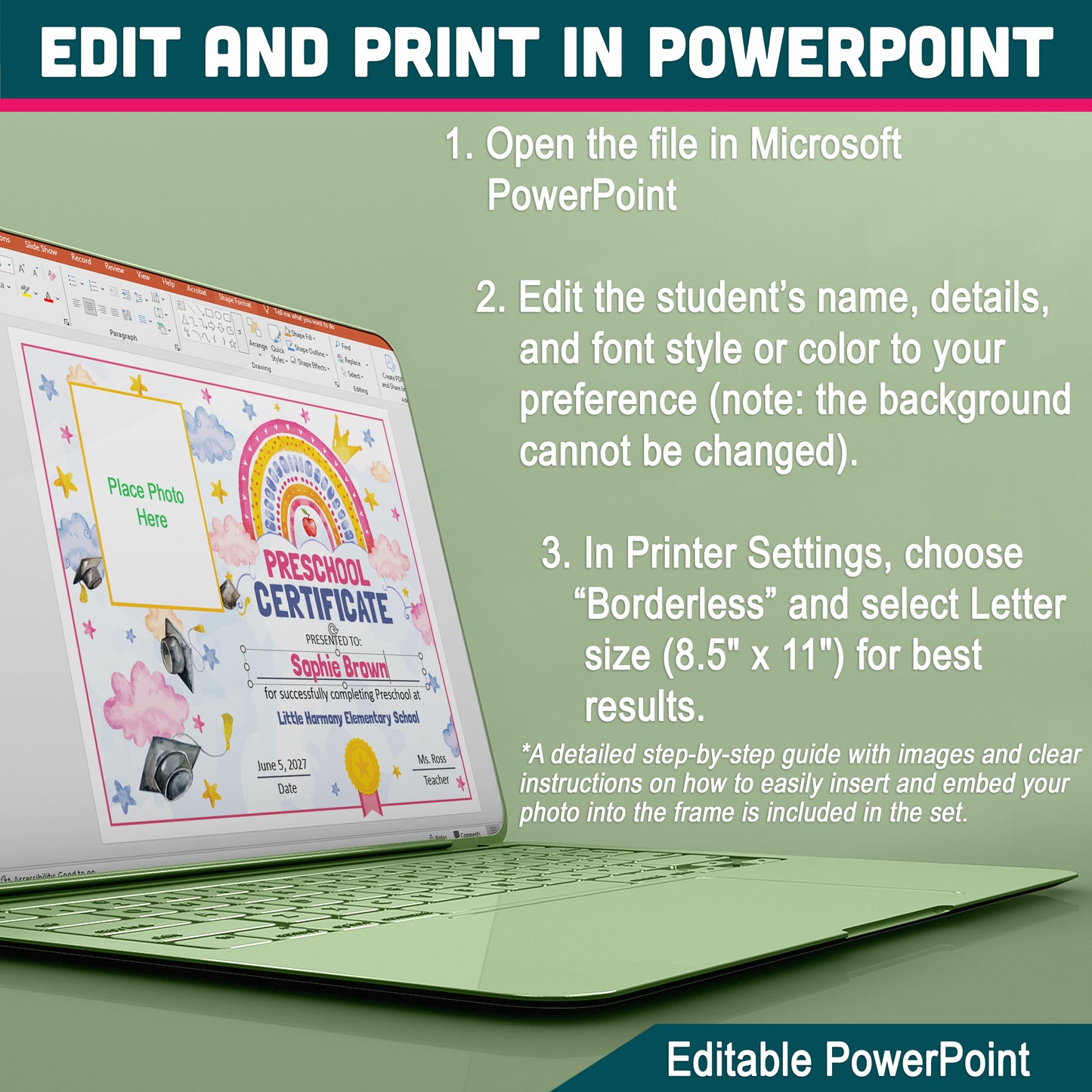 Editable Certificate of Completion, One Template Any Grade Graduation Diploma, Pre-K Preschool to 1st–8th & Beyond, PDF PowerPoint Templates