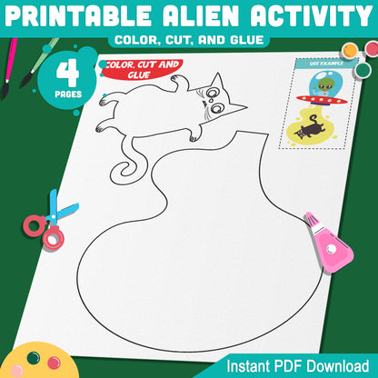 Printable Alien Activity: Fun Cut and Glue Space Craft for Kids, Includes Aliens & Spaceships, 4 Pages, PDF Instant Download