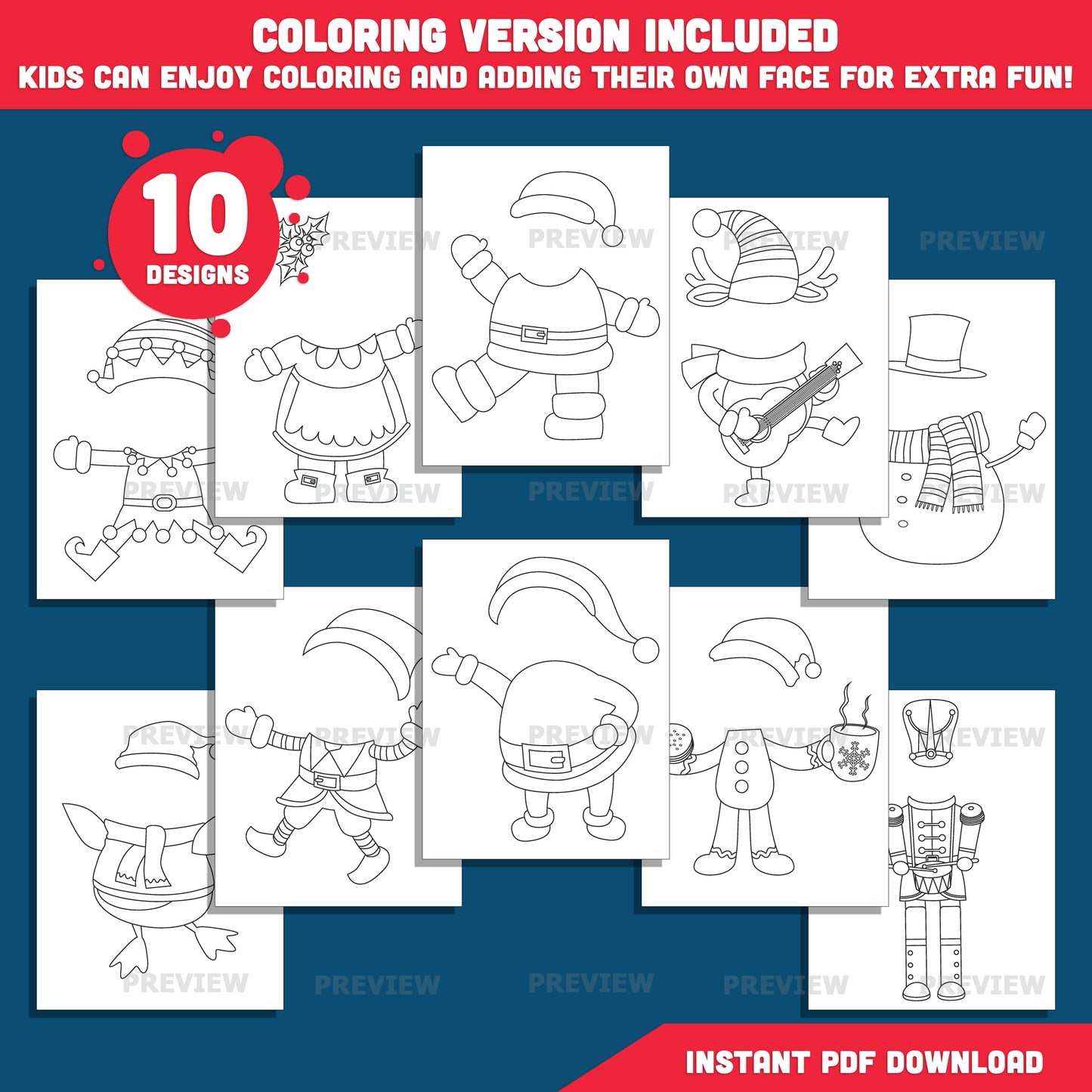 Christmas Family Add Your Photo Crafts (Santa, Mrs. Santa, Reindeer, Gingerbread Man, Snowman, Elf, Nutcracker, Penguin) – Add-Your-Face Winter Templates, PDF + PNG Files