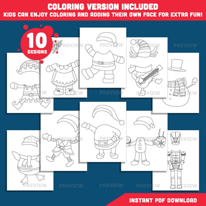 Christmas Family Add Your Photo Crafts (Santa, Mrs. Santa, Reindeer, Gingerbread Man, Snowman, Elf, Nutcracker, Penguin) – Add-Your-Face Winter Templates, PDF + PNG Files