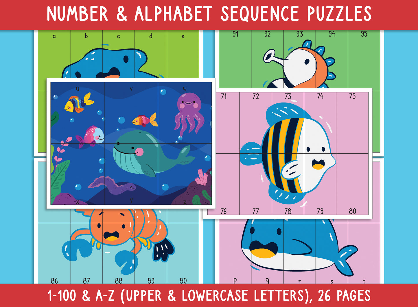 Sea Animal Number and Alphabet Sequence Puzzles (Printable), 1-100 and A-Z (Upper/Lowercase Letters), for Toddler, Preschool, Kindergarten