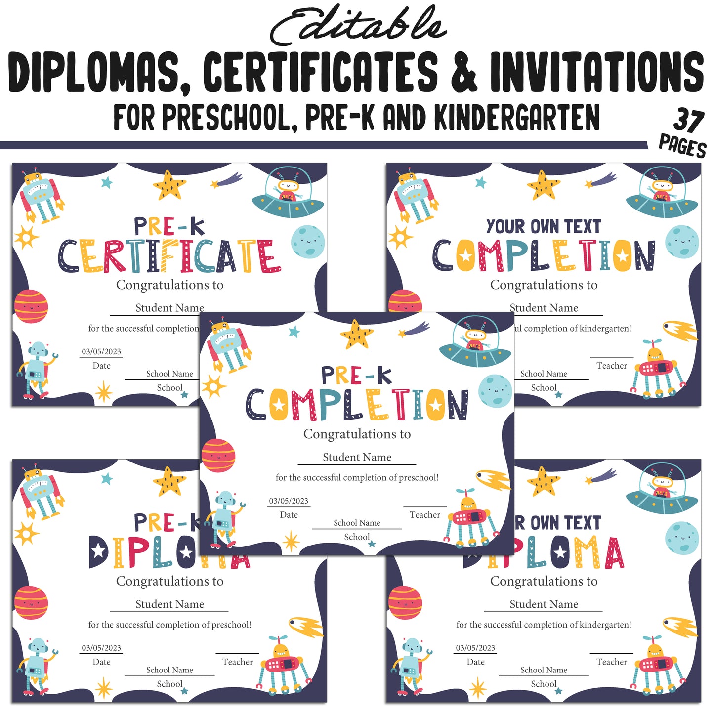 Printable and Editable Kindergarten, Pre-K, and Preschool Completion Certificates, Diplomas & Invitations, PDF Files, Instant Download