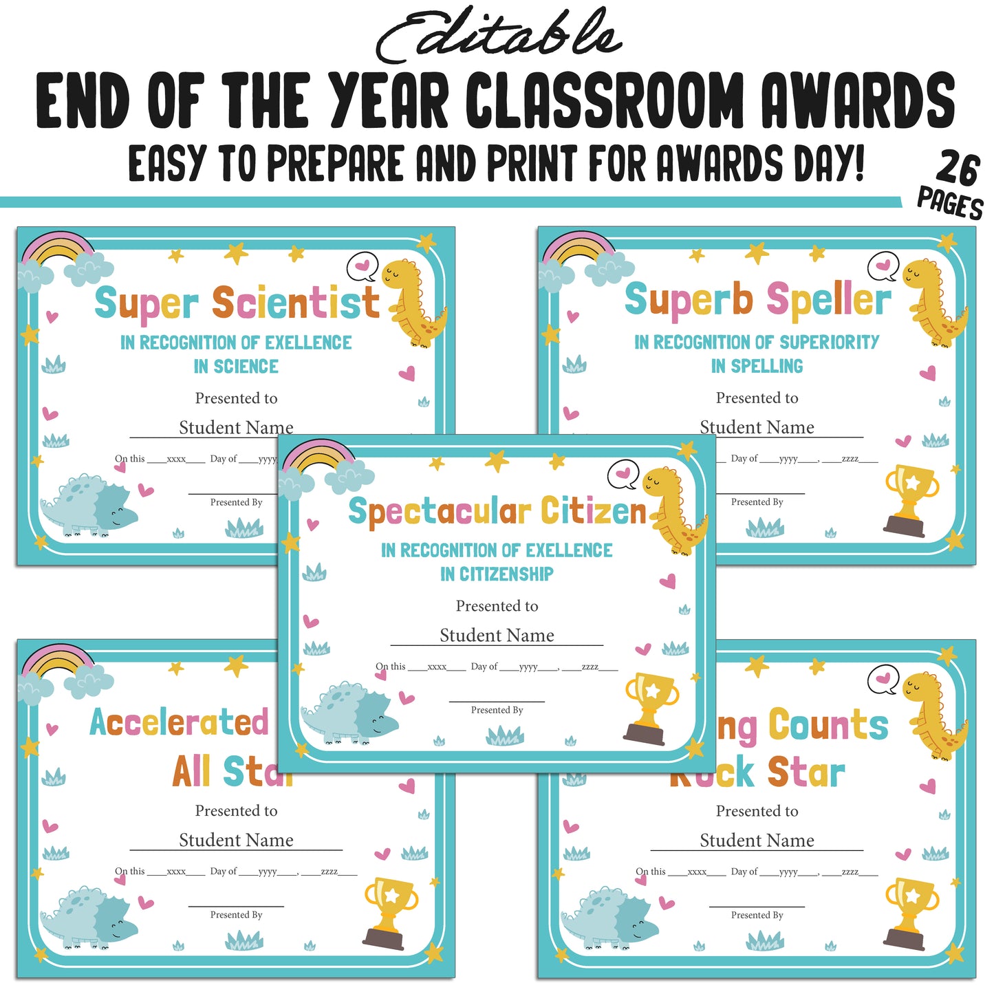 Editable End of Year Class Superlatives Awards Certificates – 26-Page PDF with Adorable Dinosaur Theme – Instant Download