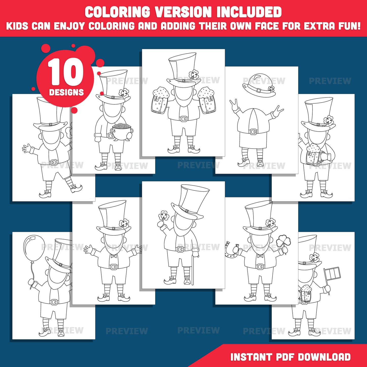 Custom Leprechaun Body Templates, Add Your Own Face Craft for Kids, Coloring Version Included, St. Patrick’s Day Clip Art