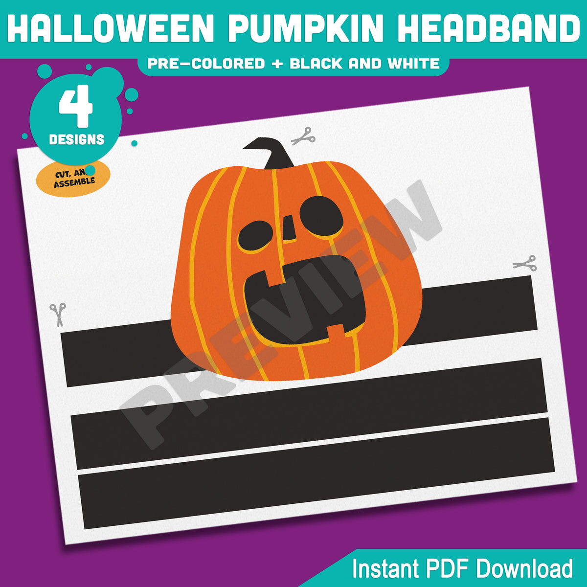 Halloween Pumpkin Headband Craft, Printable Pumpkin Hat, Autumn Paper Crown, Pre-Colored and Black & White, 4 Designs, US Letter, A4 PDF