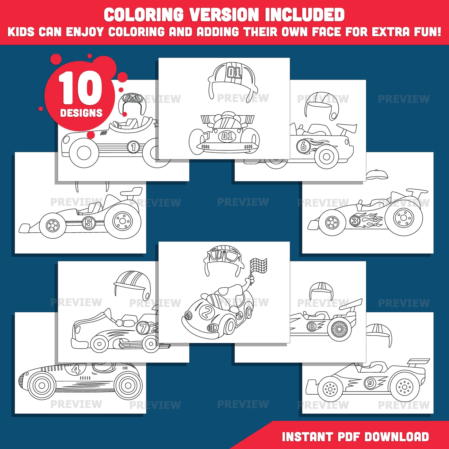 Race Car Driver Add Your Own Face Craft, Build Your Own Racing Star, Sports and Transportation Craft, Coloring Version Included, PDF PNG Templates