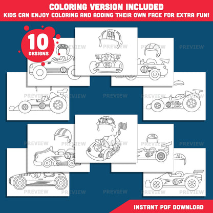 Race Car Driver Add Your Own Face Craft, Build Your Own Racing Star, Sports and Transportation Craft, Coloring Version Included, PDF PNG Templates