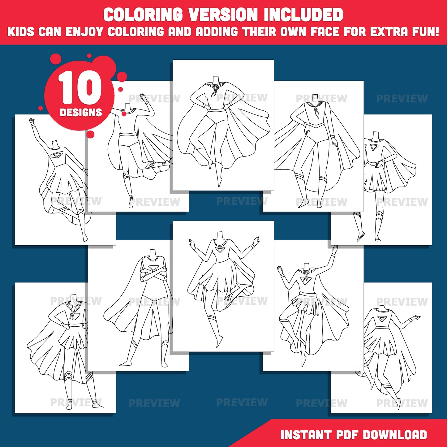Female Superhero Body Cutouts – Create Your Own Heroine Add Your Face Crafts, 10 Unique Designs Light + Dark Skin Tone, Coloring Version Included, PDF + PNG
