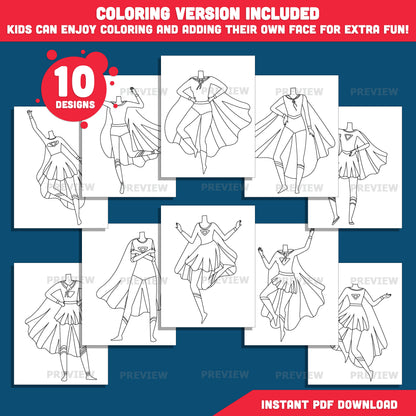 Female Superhero Body Cutouts – Create Your Own Heroine Add Your Face Crafts, 10 Unique Designs Light + Dark Skin Tone, Coloring Version Included, PDF + PNG