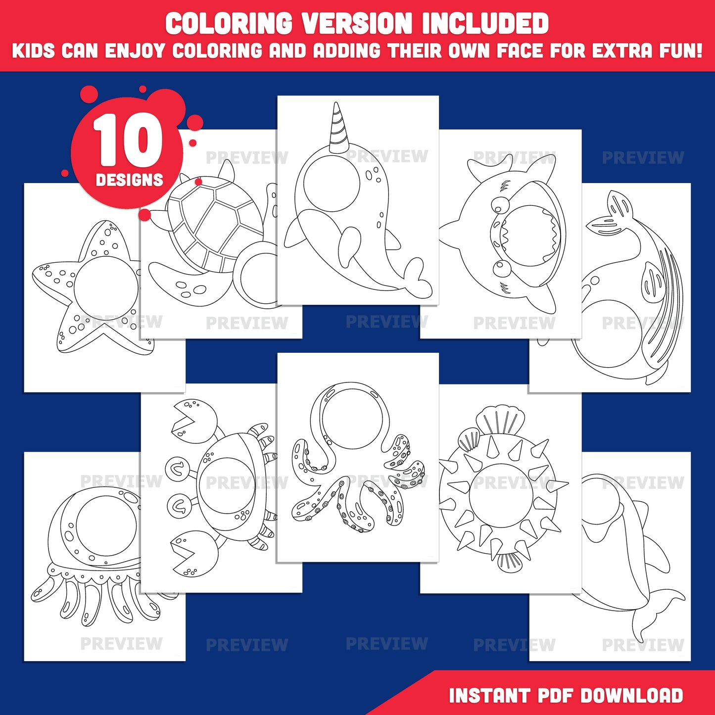 Sea Animal Add Your Own Face Craft, Under the Sea Body Templates, Printable Activity for Kids, 10 Designs, Coloring Included, PDF PNG Files