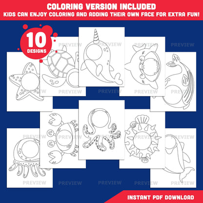 Sea Animal Add Your Own Face Craft, Under the Sea Body Templates, Printable Activity for Kids, 10 Designs, Coloring Included, PDF PNG Files