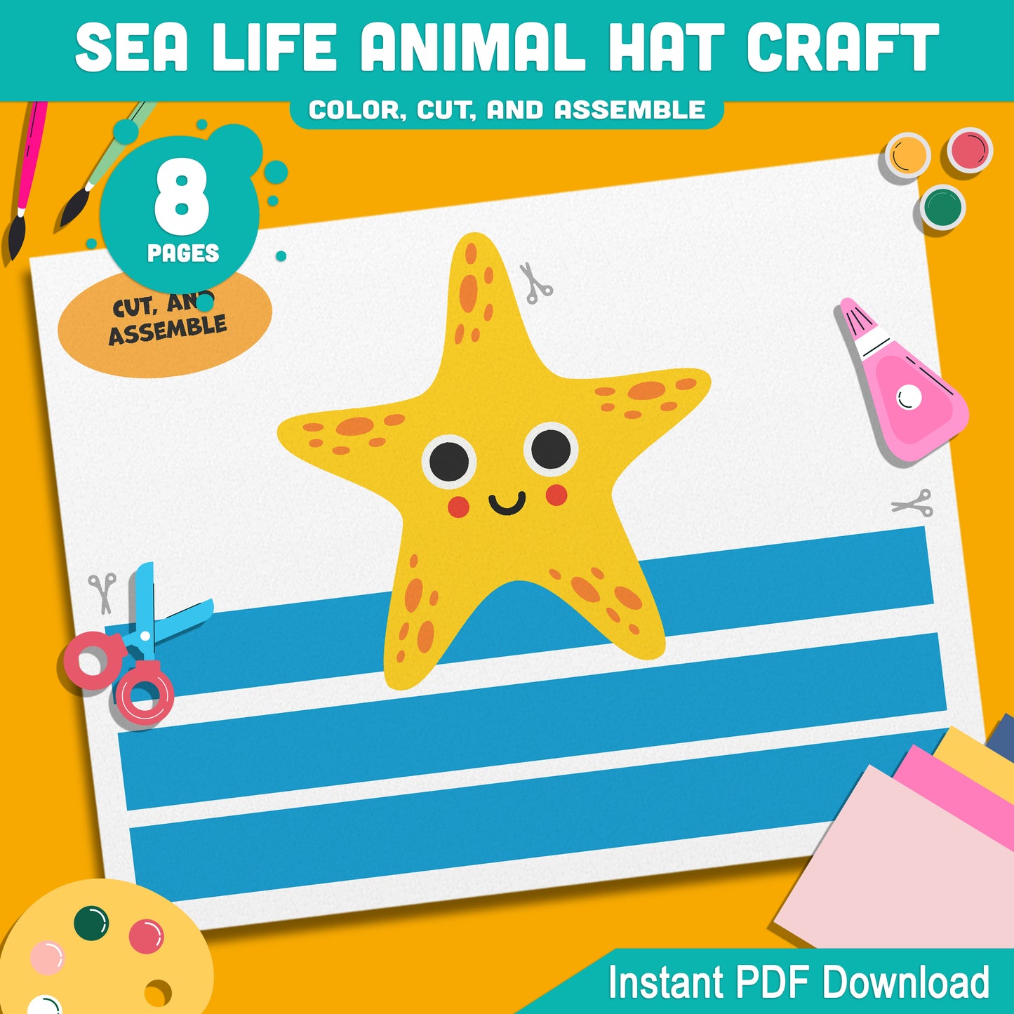 Ocean Animal Hat Templates: 4 Cute Designs Featuring Whale, Crab, Shark, Starfish for Kids’ Creative Crafts at Home or School, Instant PDF